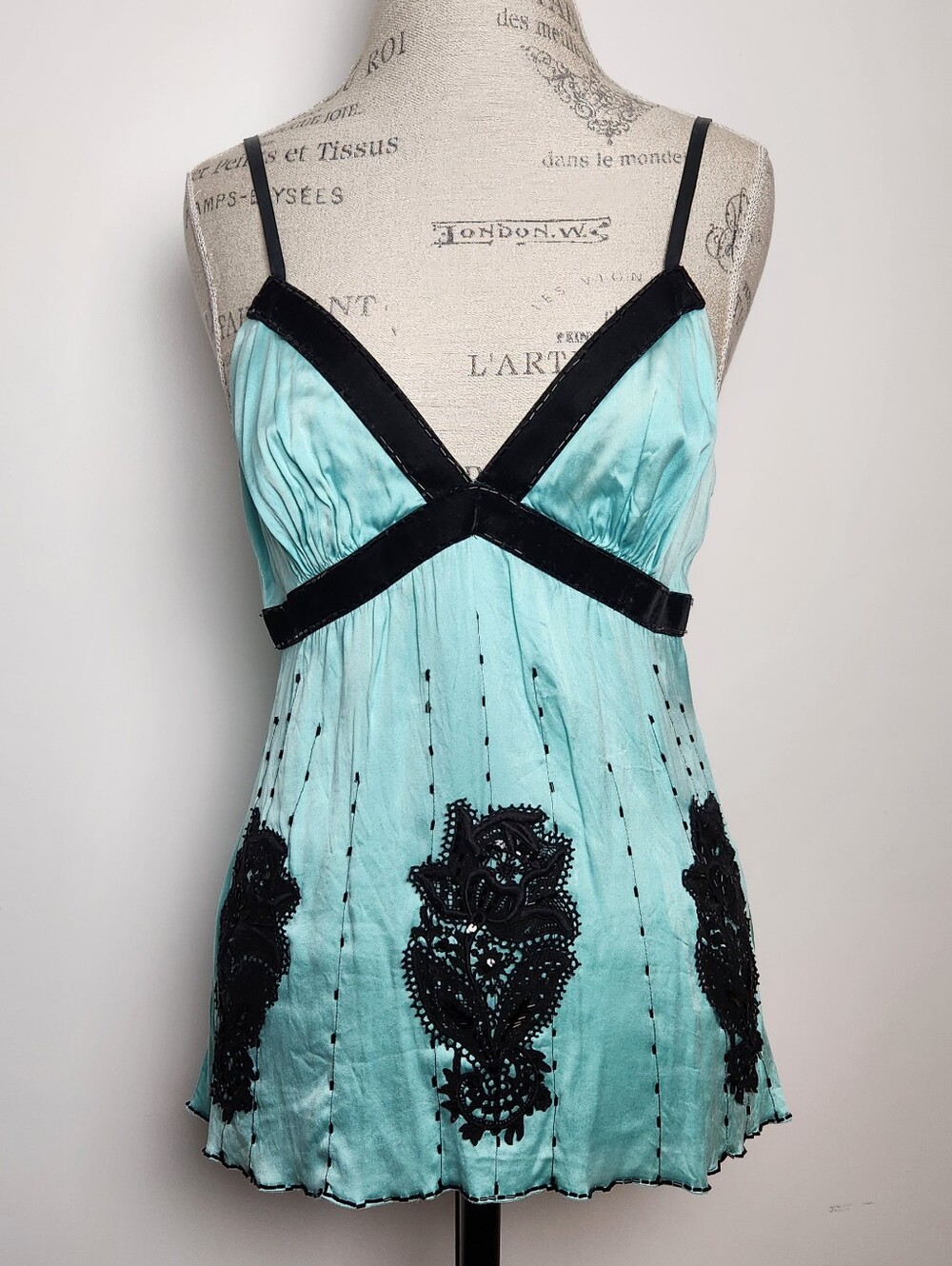 Blue Silk Lace Velvet Beaded Camisole